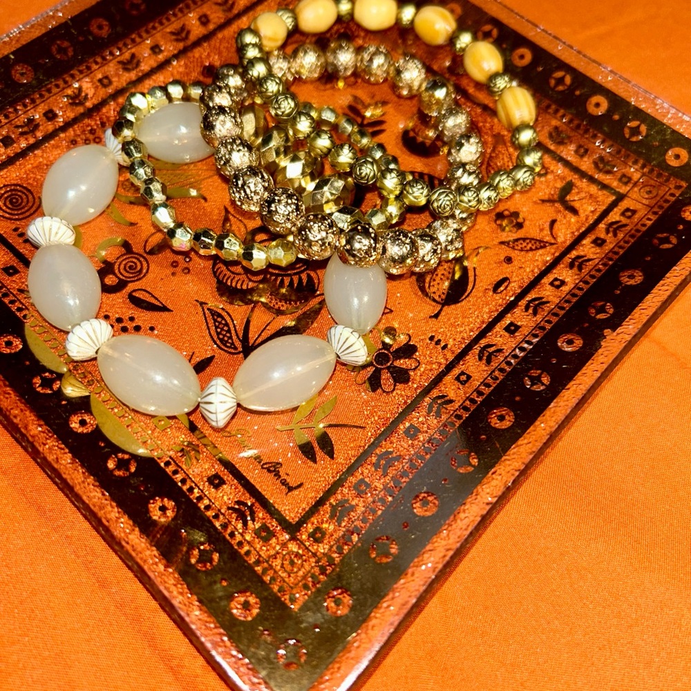 Gold, Topaz Stone, Wood, Ivory Beaded Stretch Bracelet Set of 4— Women Jewelry